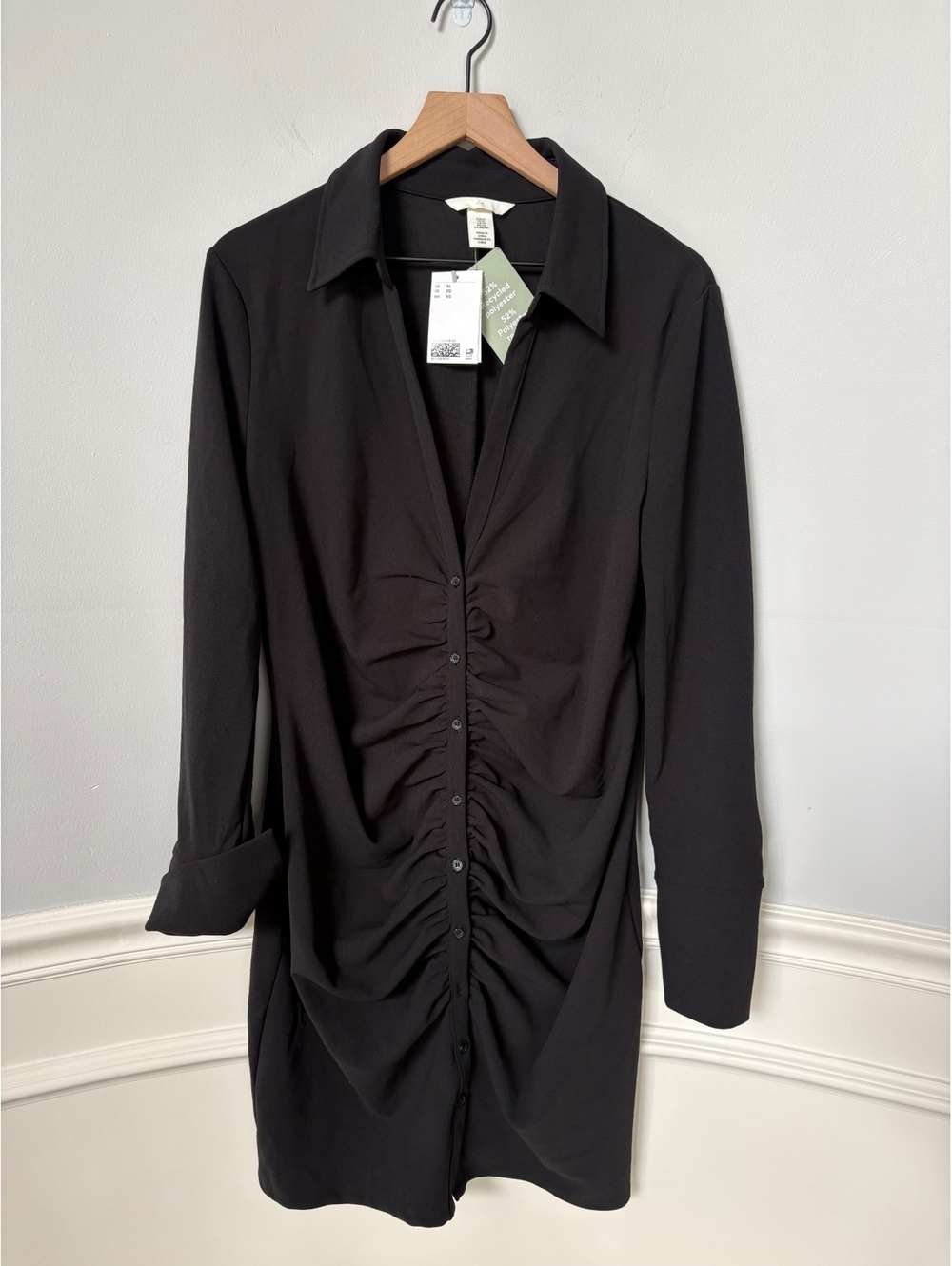 H&M Black Long-Sleeve Button-Front Gathered Mini Dress XL